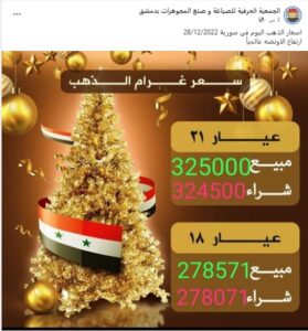 جمعية الصاغة تصدر نشرة أسعار الذهب في سوريا